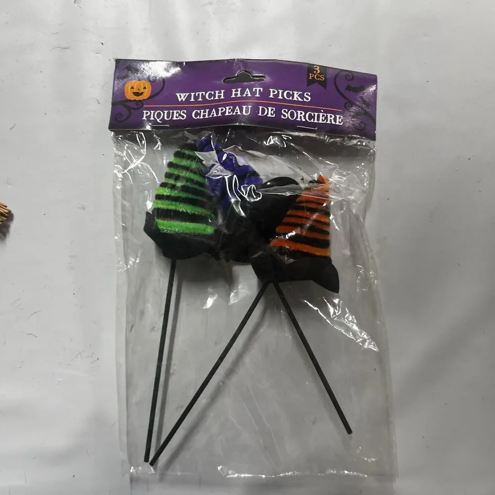 Lot of 3 Halloween Party Decor Skeleton Lantern, Fright Tape, Witch Hat Picks